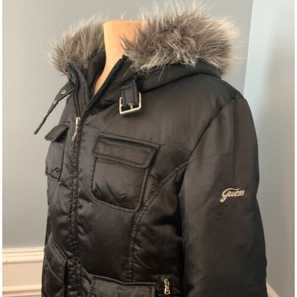 Guess Jacket Womens XL Down Feathers Vegan Fur Hooded Quilted Nylon Cargo Pocket - Picture 2 of 12